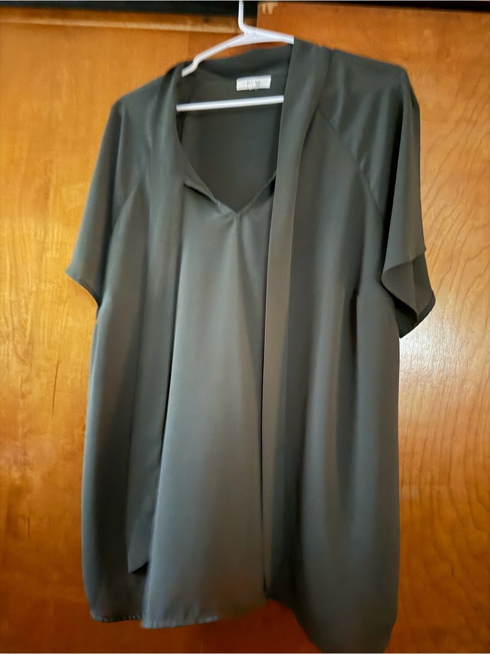 Pleione Olive Green Short Sleeve V-Neck Draped Blouse